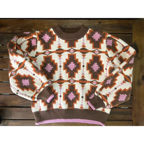 Women’s Cider Sweater Wool Multicolor Brown Pink Retro Look Pleated Shoulder- S - Picture 2 of 4